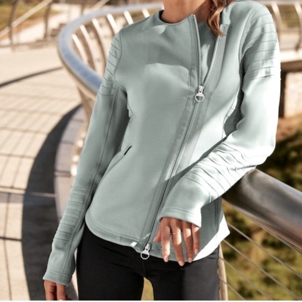 Athleta Jasper Green SoftTech Asymmetric Zip‎ Moto Athleisure Travel Jacket XS